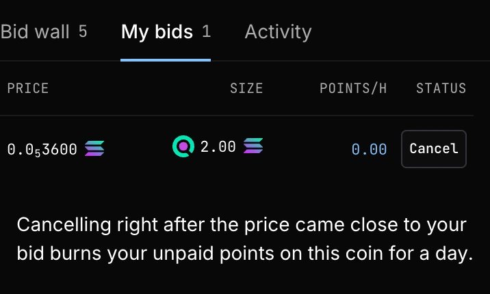My bids on the paused coin, with Cancel still available